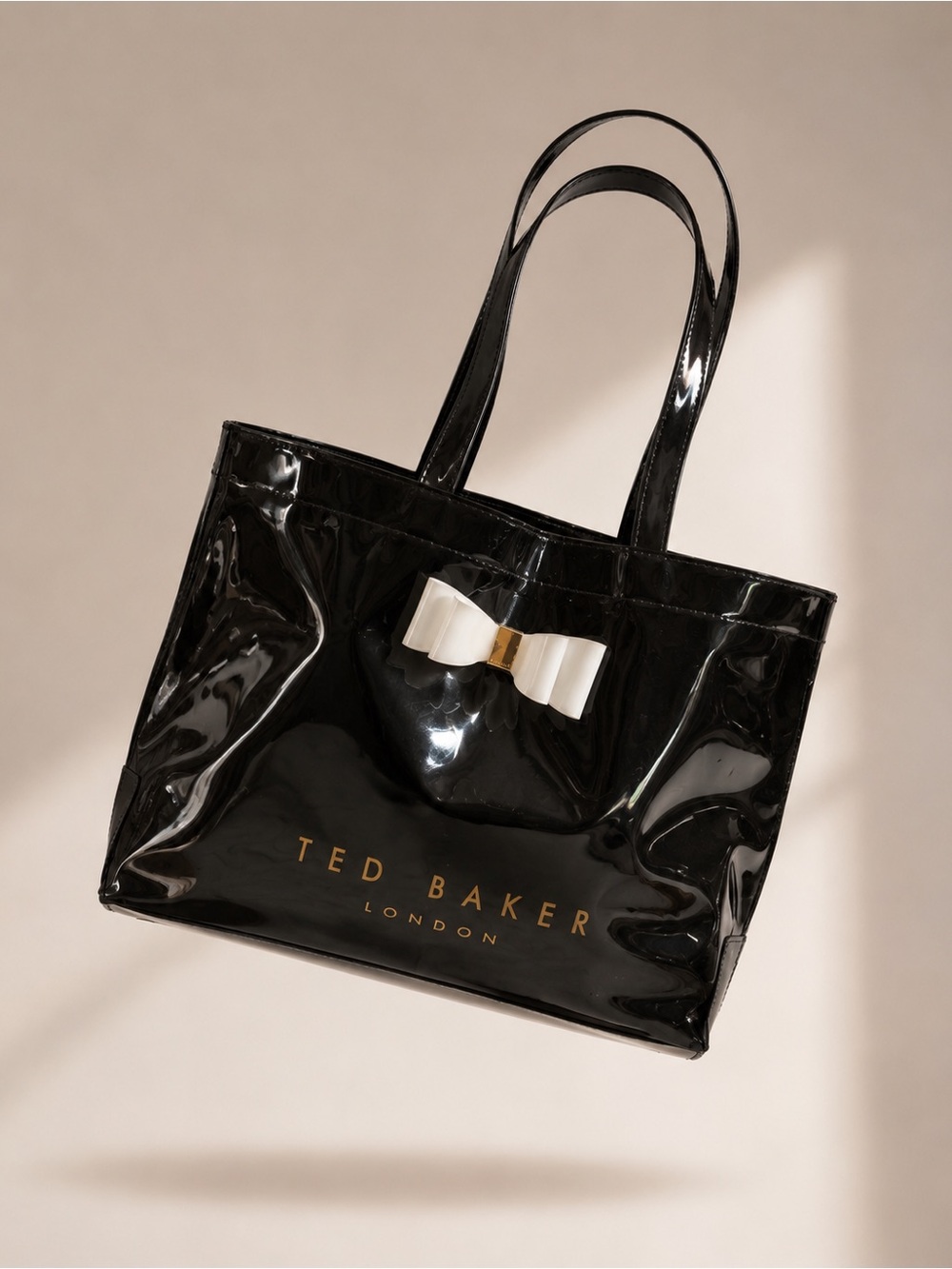 Ted Baker Black Patent Tote with White Bow Accent